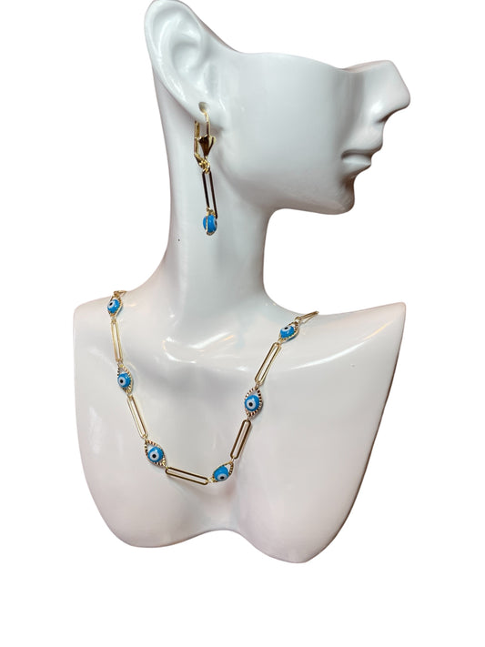 Evil Eye Light Blue Gold Plated Paperclip Necklace & Earrings