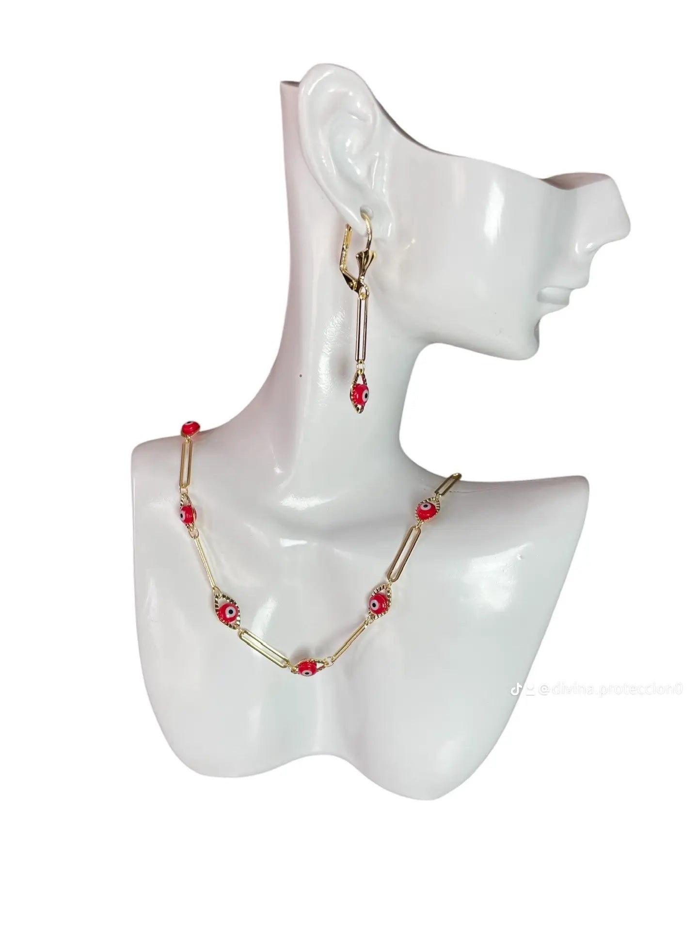 Evil Eye Red Gold Plated Paperclip Necklace & Earrings