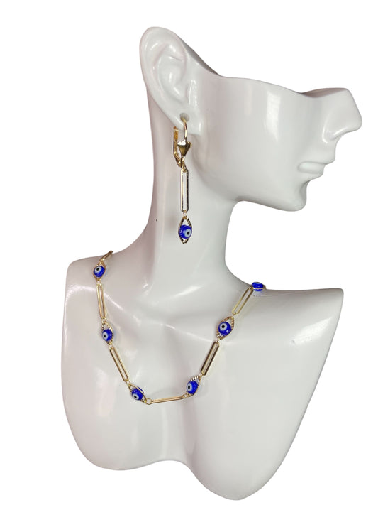 Evil Eye Blue Gold Plated Paperclip Necklace & Earrings