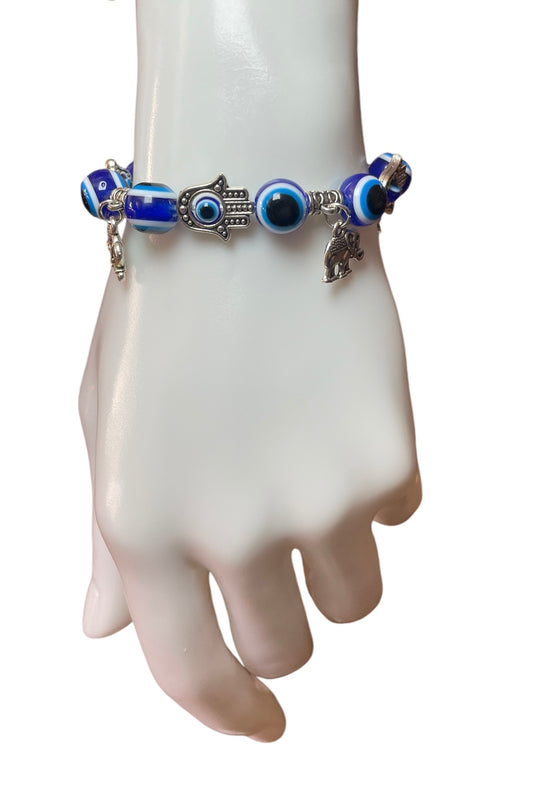 Evil Eye Hamsa Hand Charm Bead Stretch Bracelet